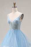 Hemelsblauwe organza V-hals appliqueerde lange baljurk met gerimpelen