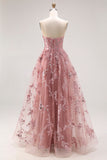 Stoffy Rose strapless A-lijn geborduurde lange galajurk met kralen en split