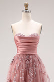 Stoffy Rose strapless A-lijn geborduurde lange galajurk met kralen en split