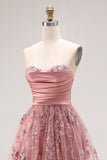 Stoffy Rose strapless A-lijn geborduurde lange galajurk met kralen en split