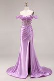Paarse zeemeermin met off-the-shoulder geappliqueerde korsetjurk met gerimpelde galajurk met split