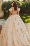 Prinses Blush Baljurk Off de Schouder Tule Quinceanera Jurk met Appliques