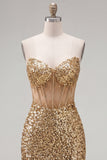 Glitterende gouden Bodycon Sweetheart doorschijnende korsetpailletten Homecoming jurk