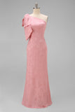 Blush roze eenschouder bloemenzeemeermin lange bruidsmeisjesjurk met strik