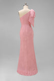 Blush roze eenschouder bloemenzeemeermin lange bruidsmeisjesjurk met strik