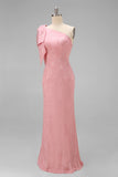 Blush roze eenschouder bloemenzeemeermin lange bruidsmeisjesjurk met strik