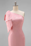 Blush roze eenschouder bloemenzeemeermin lange bruidsmeisjesjurk met strik
