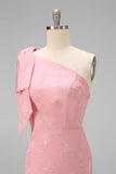 Blush roze eenschouder bloemenzeemeermin lange bruidsmeisjesjurk met strik