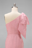 Blush roze eenschouder bloemenzeemeermin lange bruidsmeisjesjurk met strik