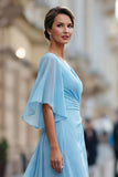 Hemelsblauwe chiffon A-lijn V-hals gerimpelde Moeder van de Bruid jurk met mouw