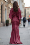 Bordeauxrode Chiffon Zeemeermin met gerimpelde moeder van de bruid jurk met mouw