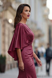 Bordeauxrode Chiffon Zeemeermin met gerimpelde moeder van de bruid jurk met mouw