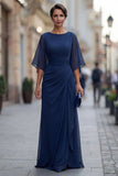 Chiffon marineblauw gerimpeld A Line Moeder van de Bruid jurk met halve mouw