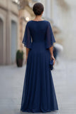 Chiffon marineblauw gerimpeld A Line Moeder van de Bruid jurk met halve mouw