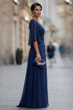 Chiffon marineblauw gerimpeld A Line Moeder van de Bruid jurk met halve mouw