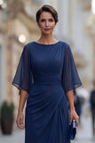 Chiffon marineblauw gerimpeld A Line Moeder van de Bruid jurk met halve mouw