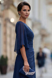 Chiffon marineblauw gerimpeld A Line Moeder van de Bruid jurk met halve mouw