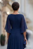 Chiffon marineblauw gerimpeld A Line Moeder van de Bruid jurk met halve mouw