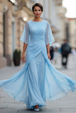 Chiffon marineblauw gerimpeld A Line Moeder van de Bruid jurk met halve mouw