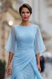 Chiffon marineblauw gerimpeld A Line Moeder van de Bruid jurk met halve mouw