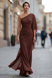 Saliegroene eenschouder chiffon met gerimpelde zeemeermin Moeder van de Bruid jurk met mouw