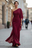 Saliegroene eenschouder chiffon met gerimpelde zeemeermin Moeder van de Bruid jurk met mouw
