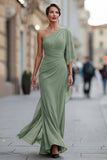 Saliegroene eenschouder chiffon met gerimpelde zeemeermin Moeder van de Bruid jurk met mouw