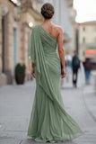 Saliegroene eenschouder chiffon met gerimpelde zeemeermin Moeder van de Bruid jurk met mouw