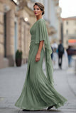 Saliegroene eenschouder chiffon met gerimpelde zeemeermin Moeder van de Bruid jurk met mouw