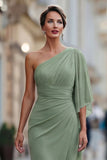Saliegroene eenschouder chiffon met gerimpelde zeemeermin Moeder van de Bruid jurk met mouw