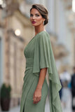 Saliegroene eenschouder chiffon met gerimpelde zeemeermin Moeder van de Bruid jurk met mouw