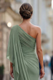 Saliegroene eenschouder chiffon met gerimpelde zeemeermin Moeder van de Bruid jurk met mouw