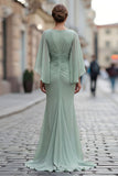 Saliegroene chiffon zeemeermin met gerimpelde moeder van de bruid jurk met mouw