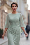 Saliegroene chiffon zeemeermin met gerimpelde moeder van de bruid jurk met mouw