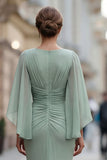 Saliegroene chiffon zeemeermin met gerimpelde moeder van de bruid jurk met mouw
