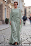 Saliegroene chiffon met rufjes zeemeermin gerimpeld moeder van de bruid jurk met mouw