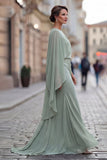 Saliegroene chiffon met rufjes zeemeermin gerimpeld moeder van de bruid jurk met mouw