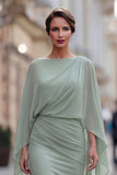Saliegroene chiffon met rufjes zeemeermin gerimpeld moeder van de bruid jurk met mouw