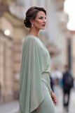 Saliegroene chiffon met rufjes zeemeermin gerimpeld moeder van de bruid jurk met mouw