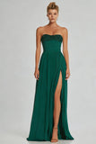 Donkergroene A Line strapless lange chiffon jurk met split