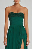 Donkergroene A Line strapless lange chiffon jurk met split