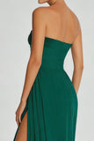 Donkergroene A Line strapless lange chiffon jurk met split
