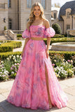 Off-the-shoulder roze A-lijn maxijurk met split