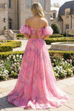 Off-the-shoulder roze A-lijn maxijurk met split