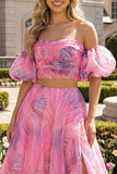 Off-the-shoulder roze A-lijn maxijurk met split