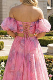 Off-the-shoulder roze A-lijn maxijurk met split