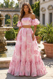 Roze Een lijn Off The Shoulder lange Jacquard jurk met kant op de rug