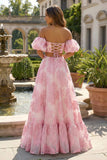 Roze Een lijn Off The Shoulder lange Jacquard jurk met kant op de rug