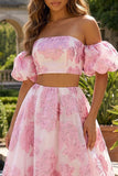 Roze Een lijn Off The Shoulder lange Jacquard jurk met kant op de rug