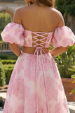 Roze Een lijn Off The Shoulder lange Jacquard jurk met kant op de rug